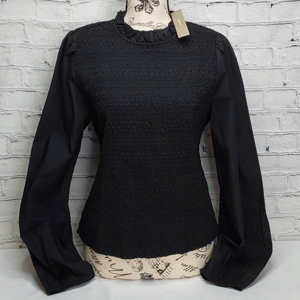 'J.CREW' 'MELANIE' ONYX SMOCKED PUFF-SLEEVE TOP